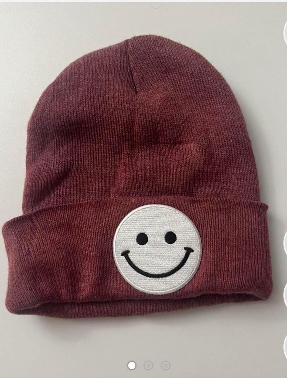 Burgundy Beanie with White Smiley Patch